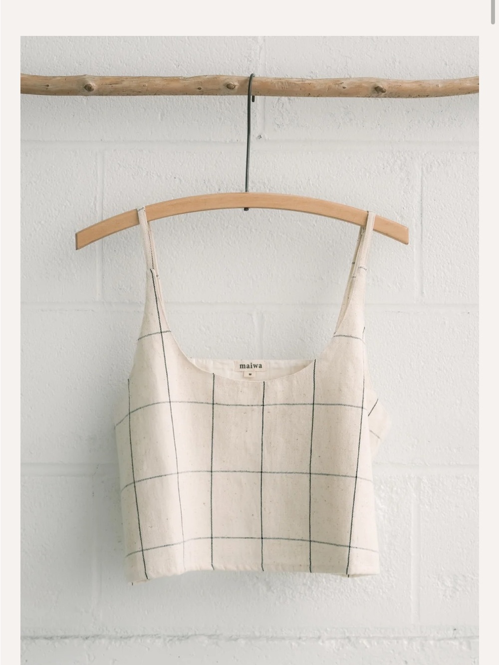Maiwa Cream Windowpane Linen Crop Cami with Slim Straps